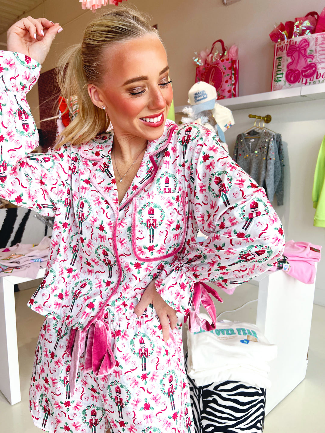 Pink Velvet Christmas PJ Set with Bows