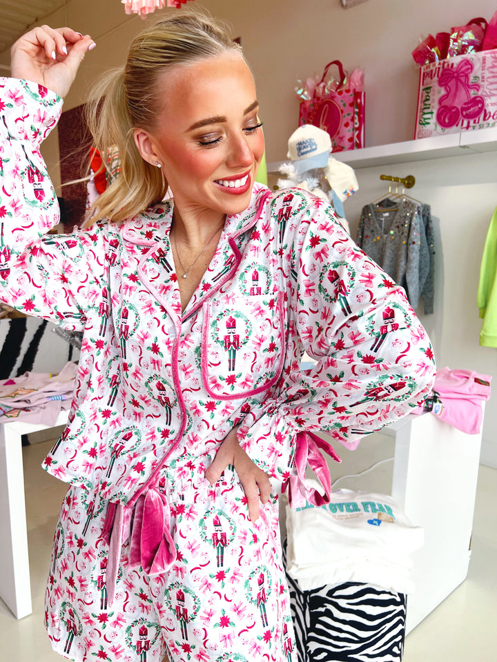 Pink Velvet Christmas PJ Set with Bows