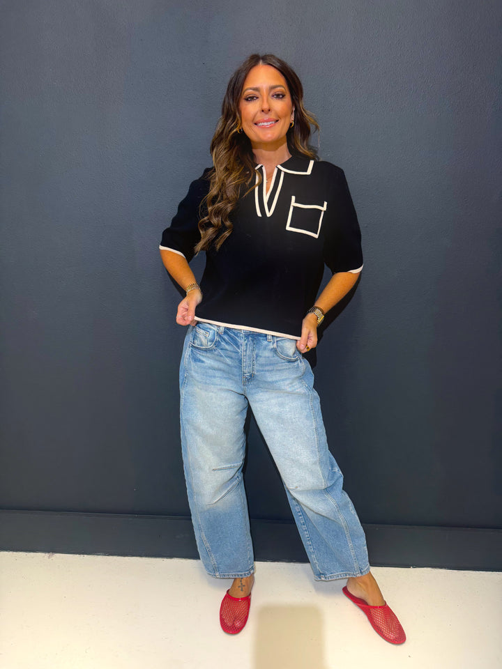 Black and Cream Collared Pocket Top