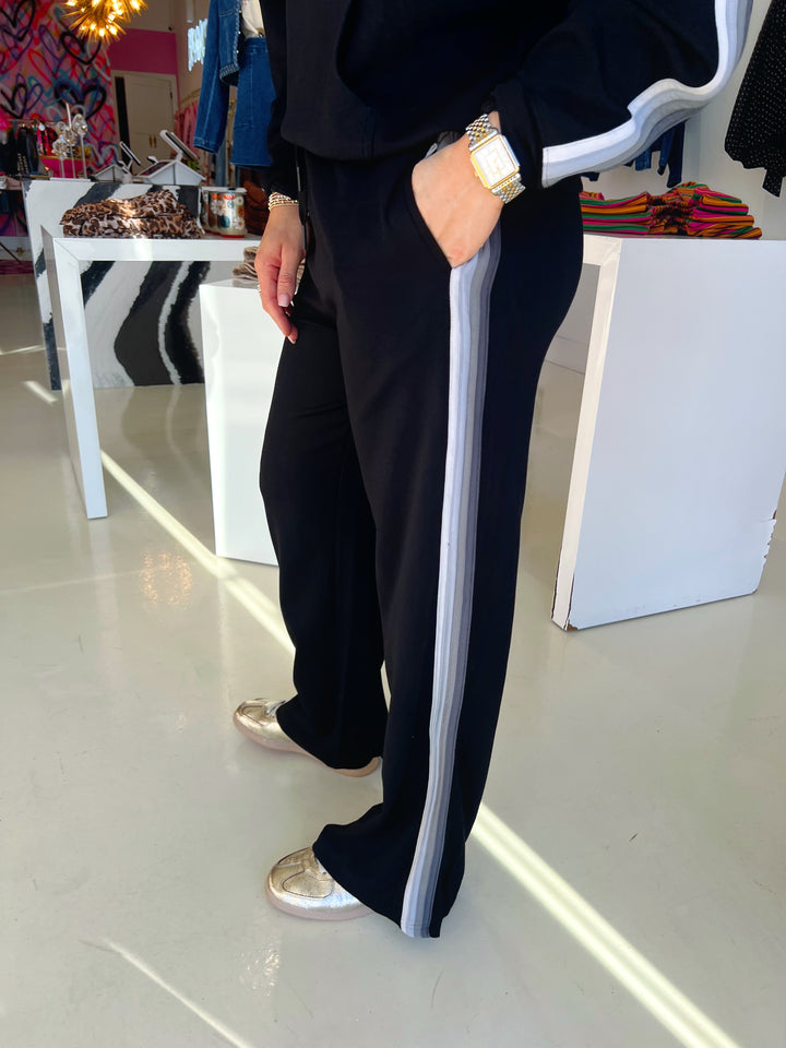Black Cloud Fleece W/ Grey Striped Wide Leg Pants