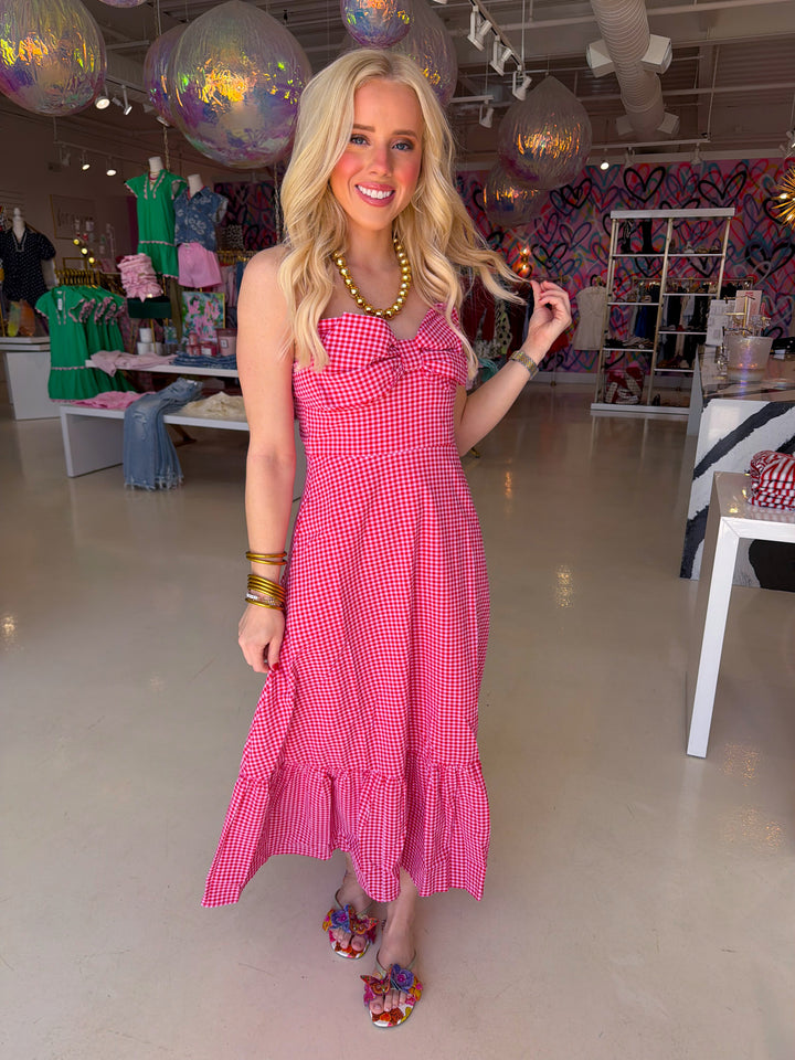 Red Bow Gingham Midi Dress