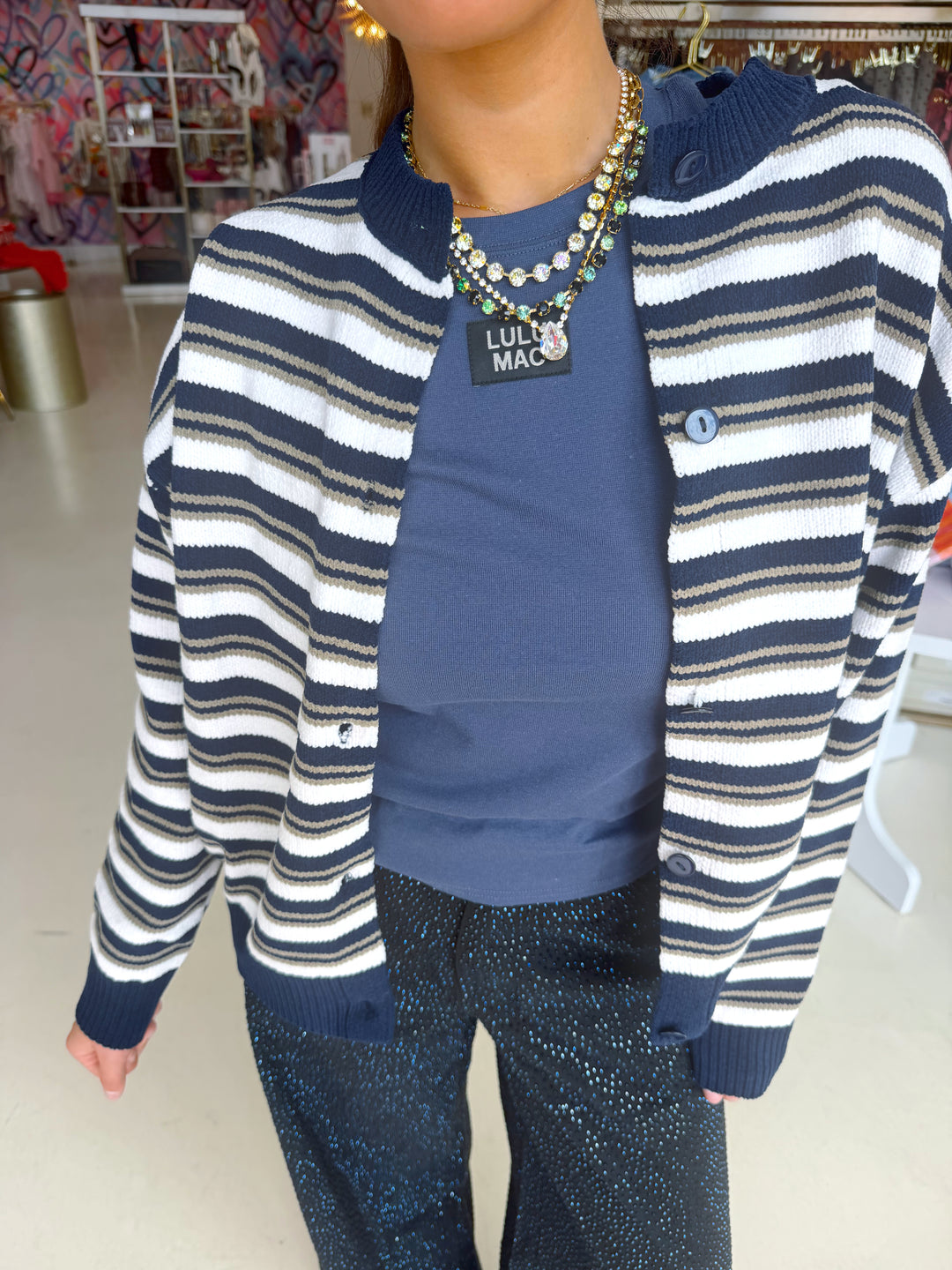 Nicole Navy & Ivory Striped Button Front Cardigan Sweater