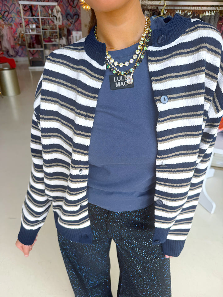 Nicole Navy & Ivory Striped Button Front Cardigan Sweater