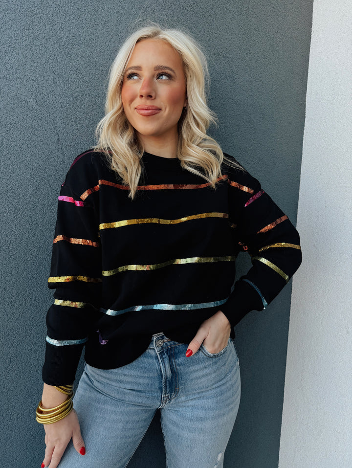 Black Rainbow Sequin Stripe Sweatshirt