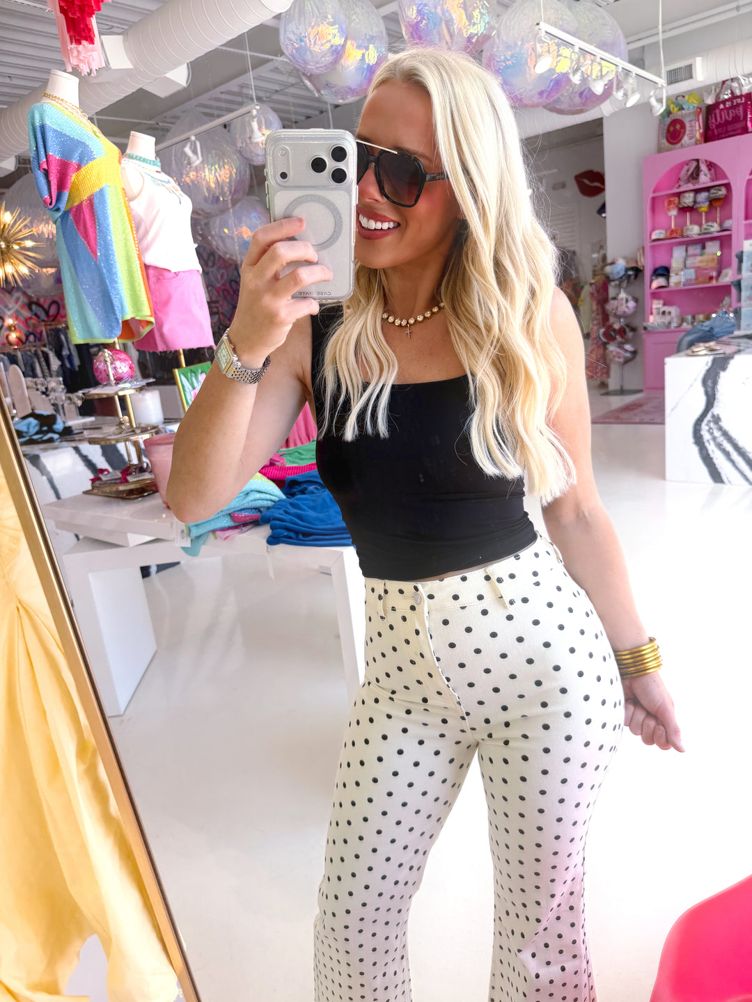 Mini Polka Dot Stretchy Ivory Denim Pants
