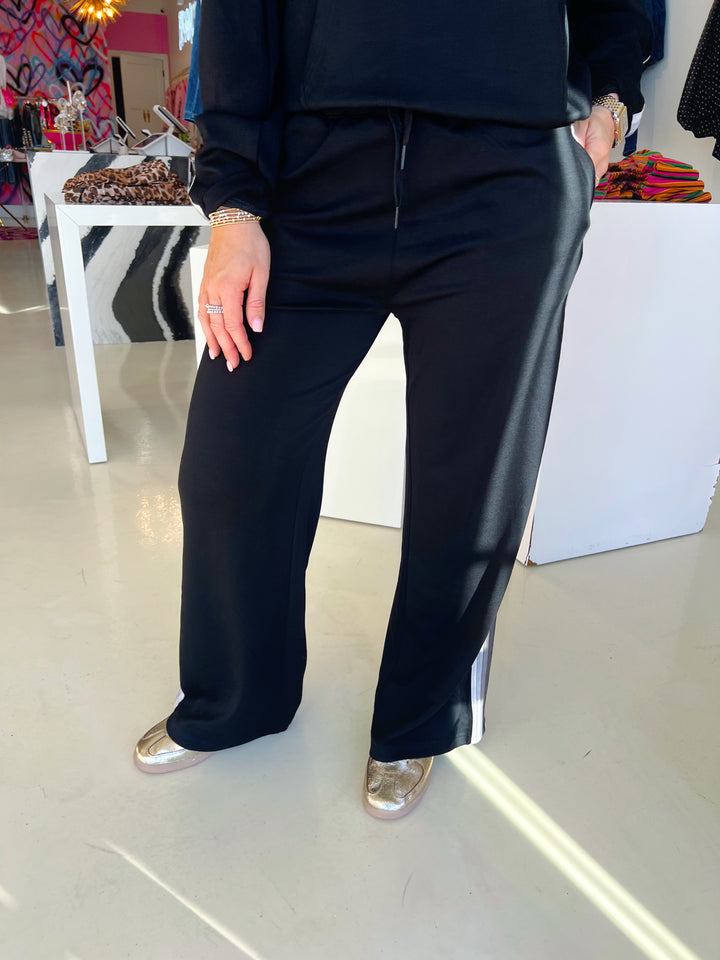 Black Cloud Fleece W/ Grey Striped Wide Leg Pants