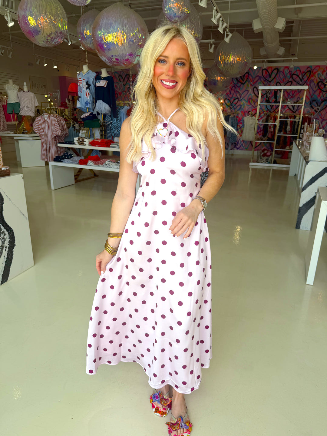 Polka Dot Print Ruffle Trim Slip Midi Dress