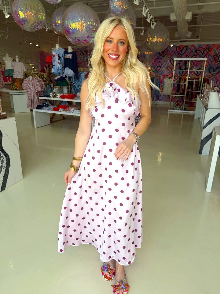 Polka Dot Print Ruffle Trim Slip Midi Dress