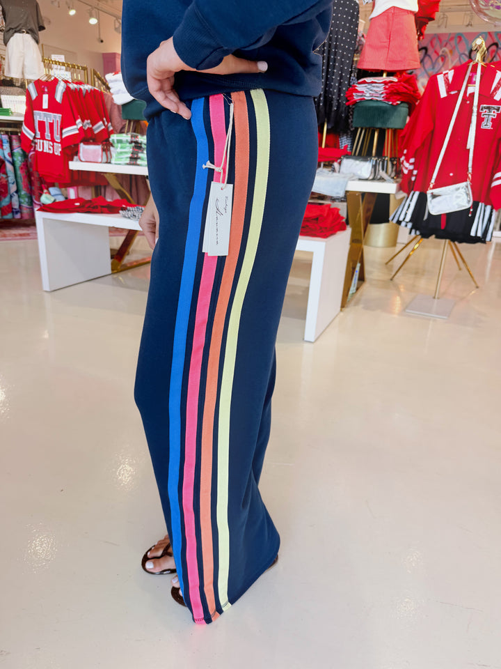 Galaxy Blue w Neon Stripes Off Shoulder Sweatshirt & Sweat Pant Set