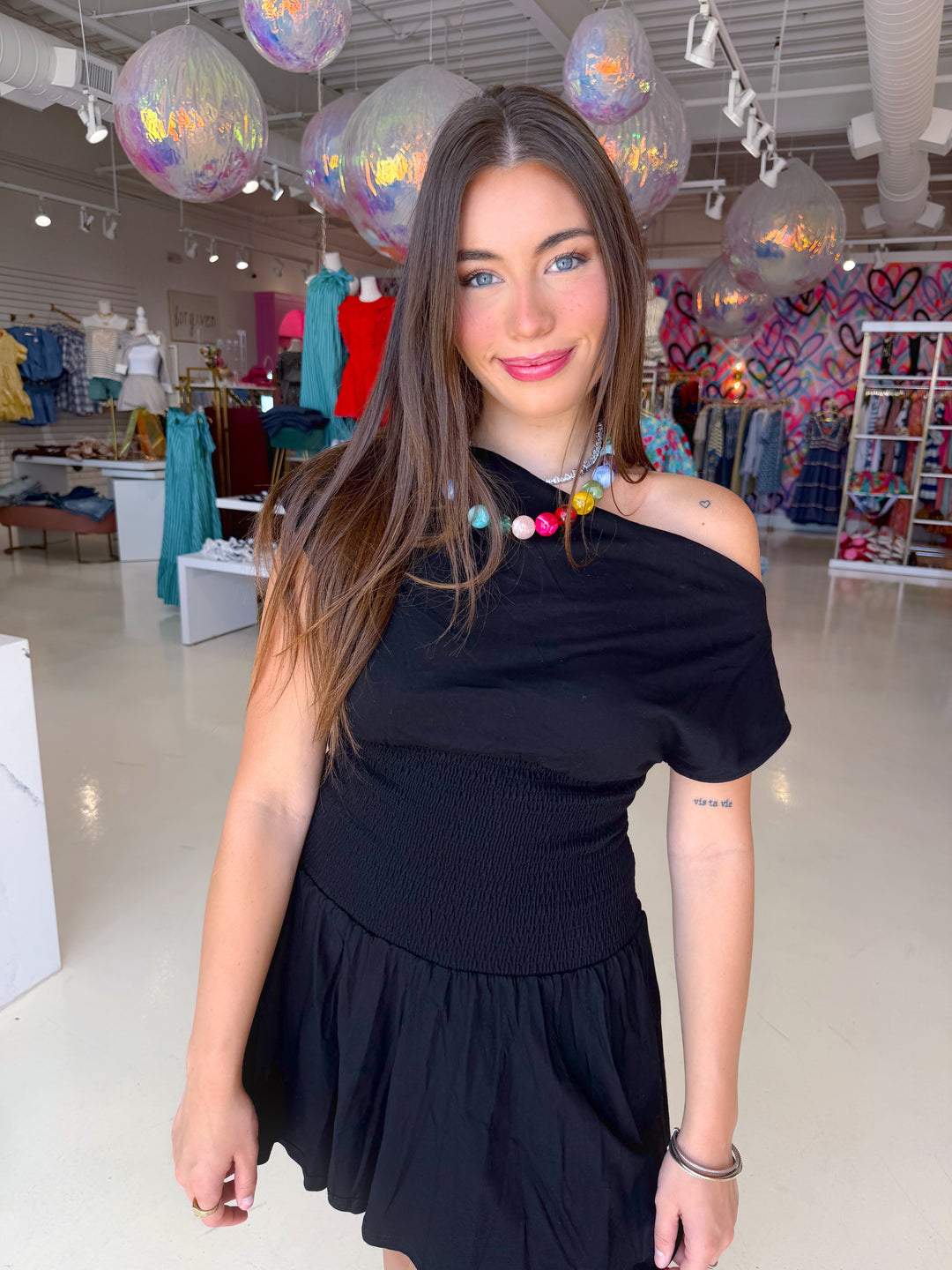 Black Off Shoulder Smoking Waist Dress