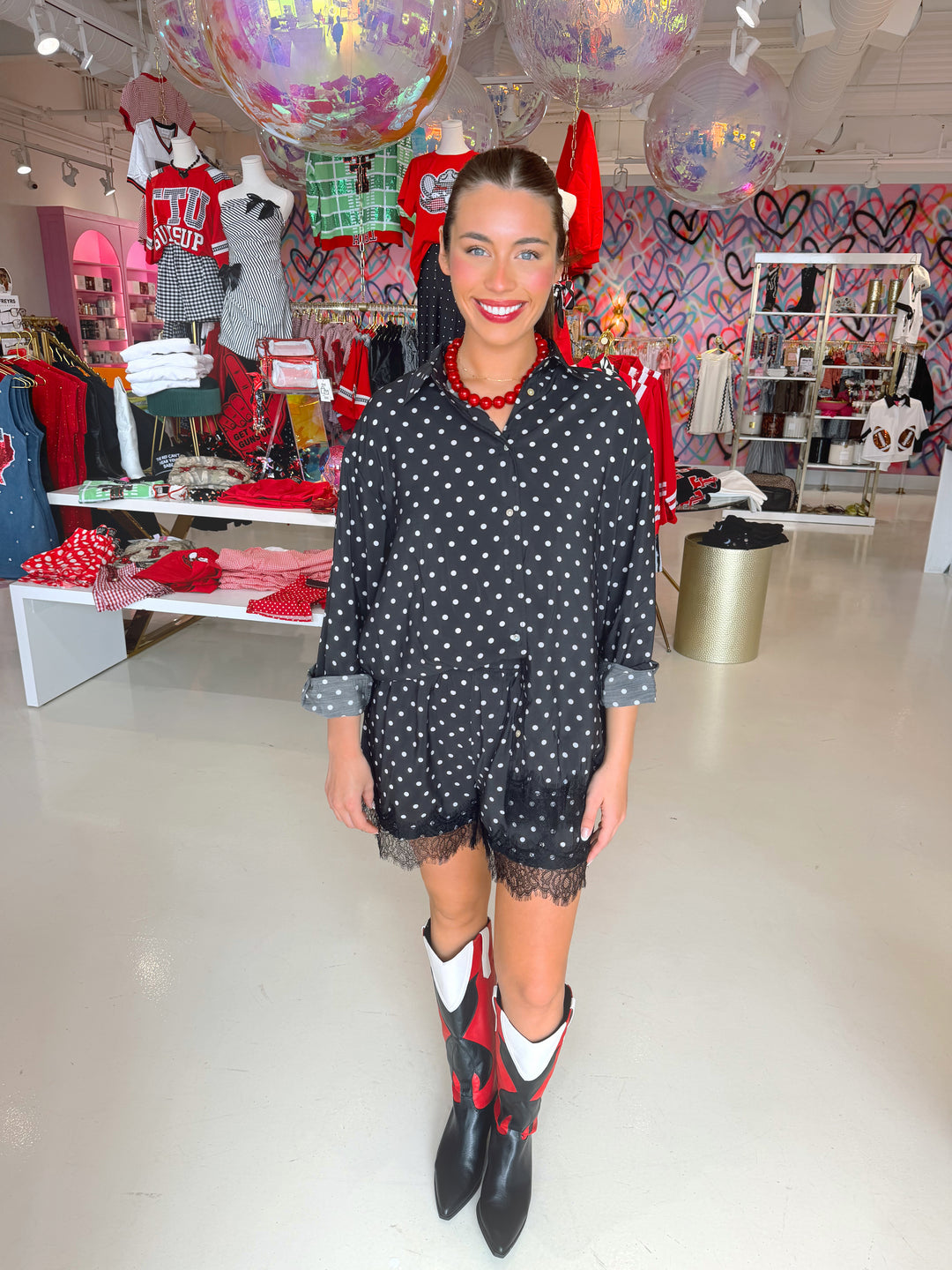 Black Polkadot Lace Short & Oversized Shirt Set