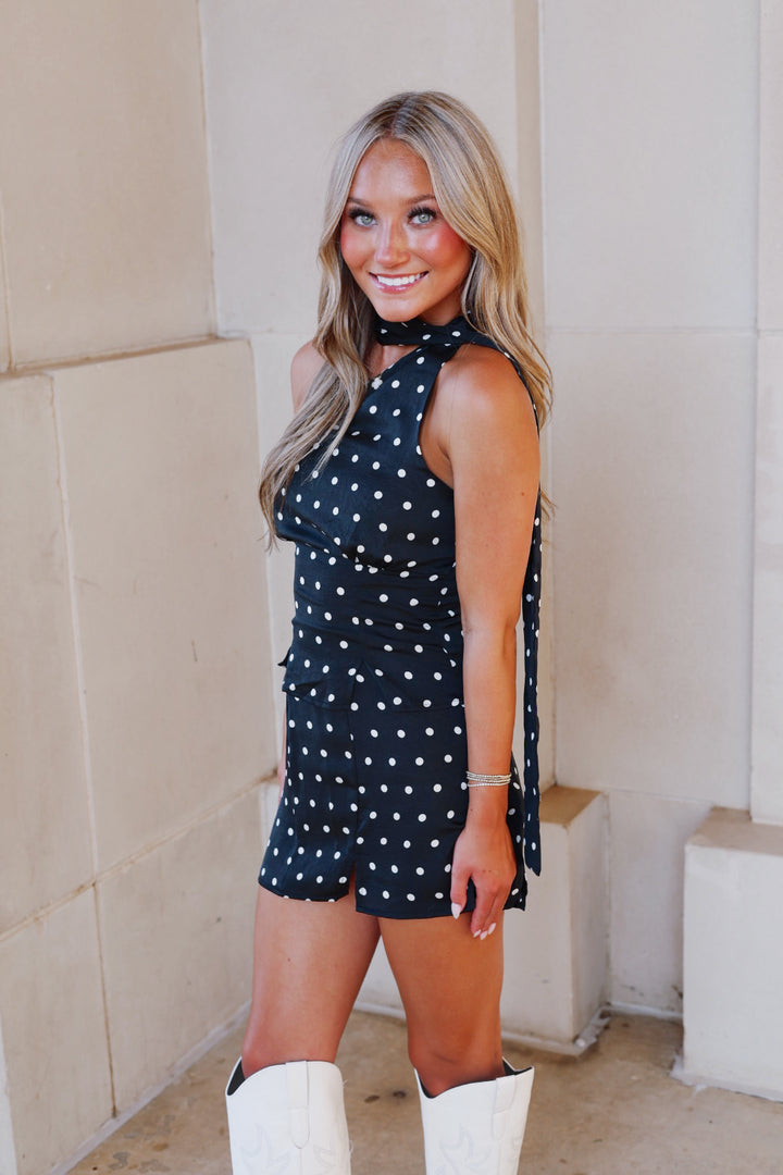 Black & White Halter Neck Polka Dot Top & Skirt Set