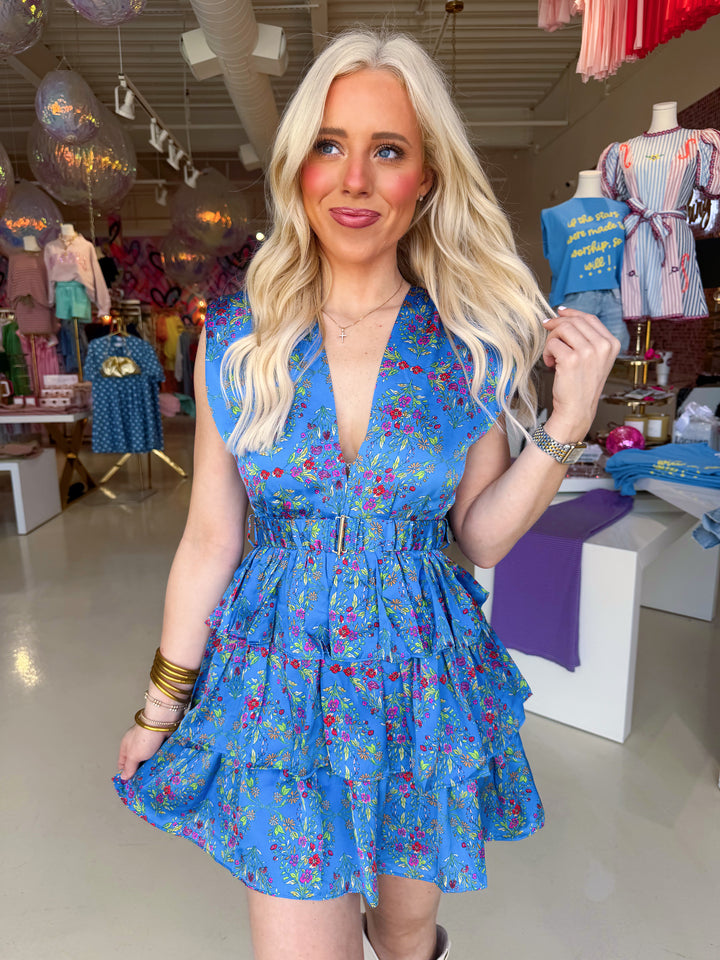 Bloom Royal Blue Floral Satin Tiered V-Neck Dress