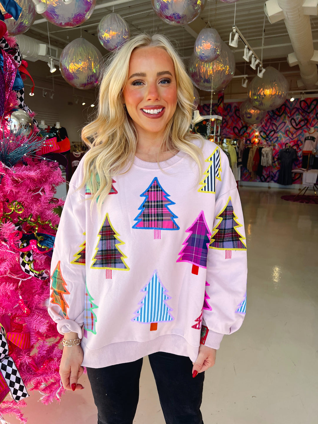 QOS Light Pink Multi Plaid & Stripe Christmas Tree Sweatshirt
