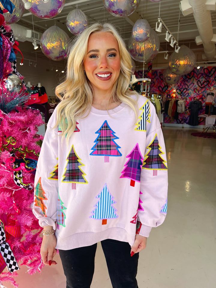 QOS Light Pink Multi Plaid & Stripe Christmas Tree Sweatshirt