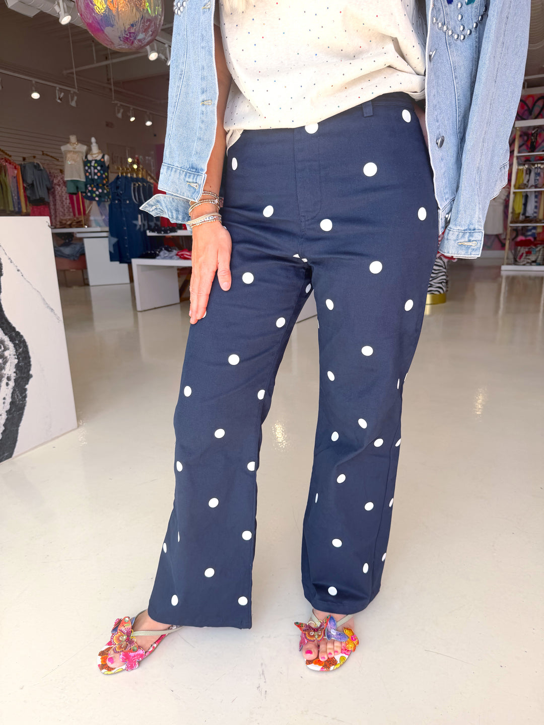 Navy Polkadot Denim Pant
