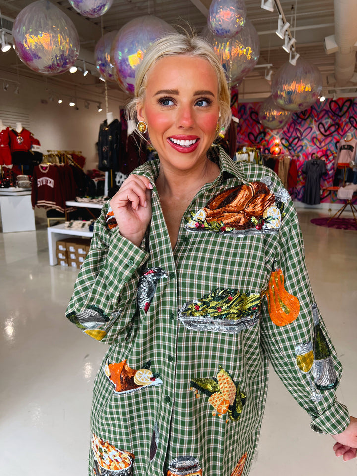QOS Green Plaid Turkey Button Up Dress