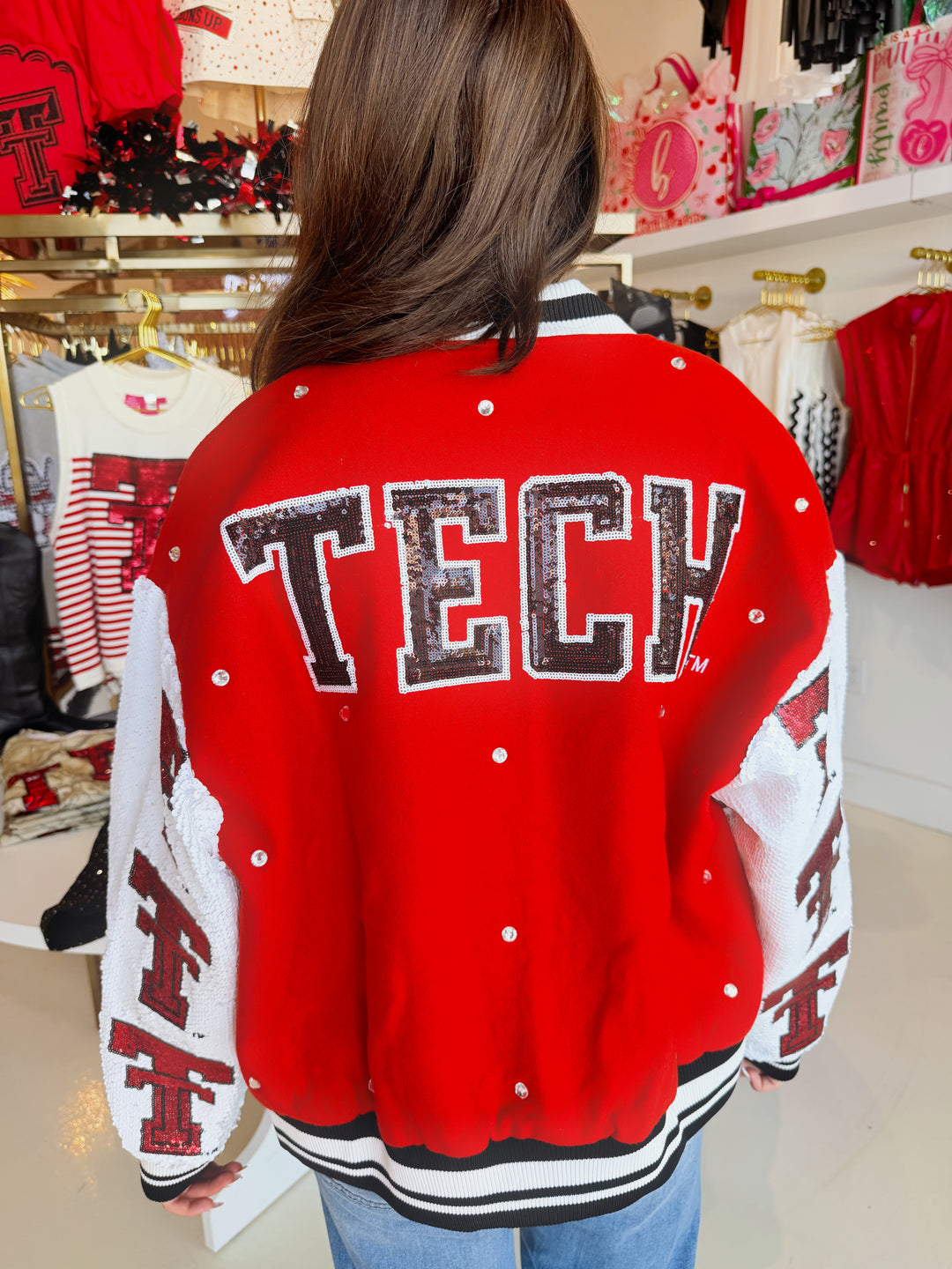 QOS Texas Tech Sequin Bomber Jacket