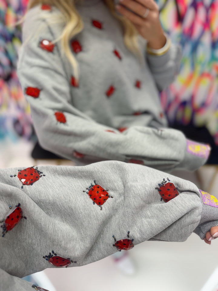 QOS Grey Jewel Lady Bug Sweatshirt
