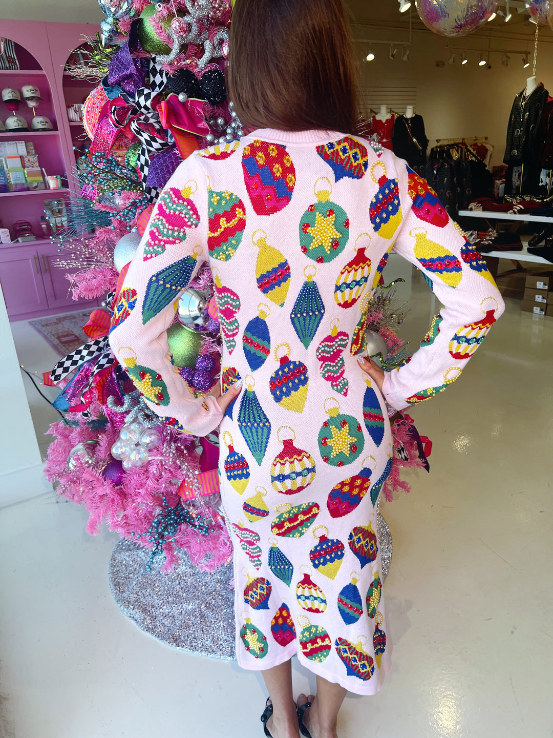 QOS Light Pink Jeweled Ornament Knit Midi Dress