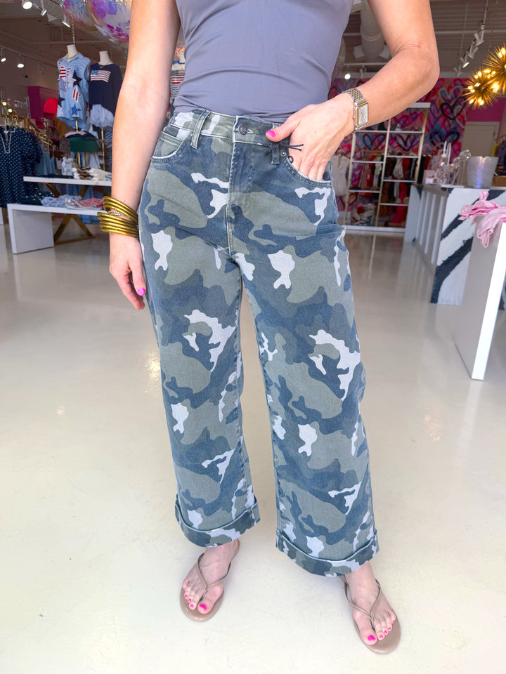 High Rise Wide Leg Crop Camo Jeans
