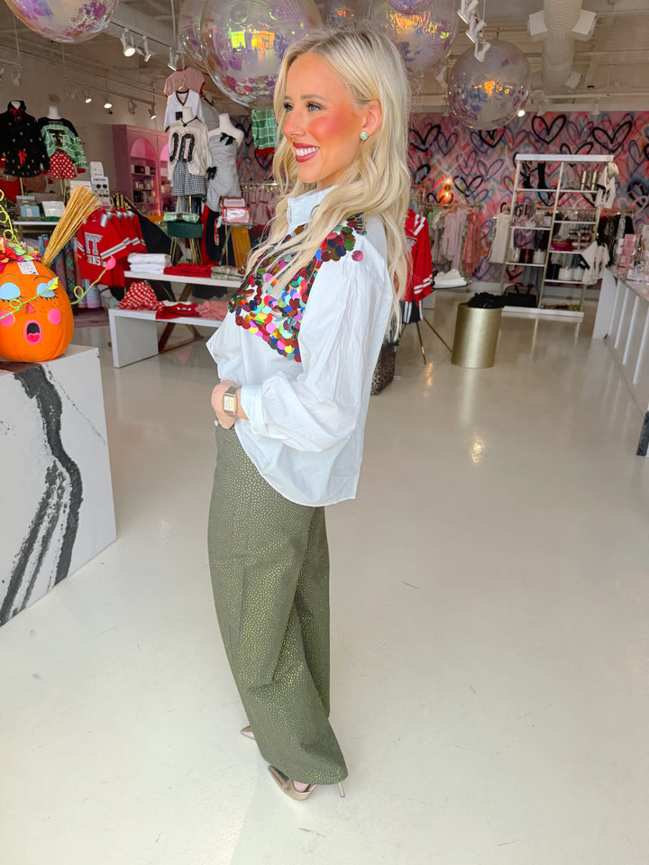 QOS White Multi Color Sequin Button Up Top