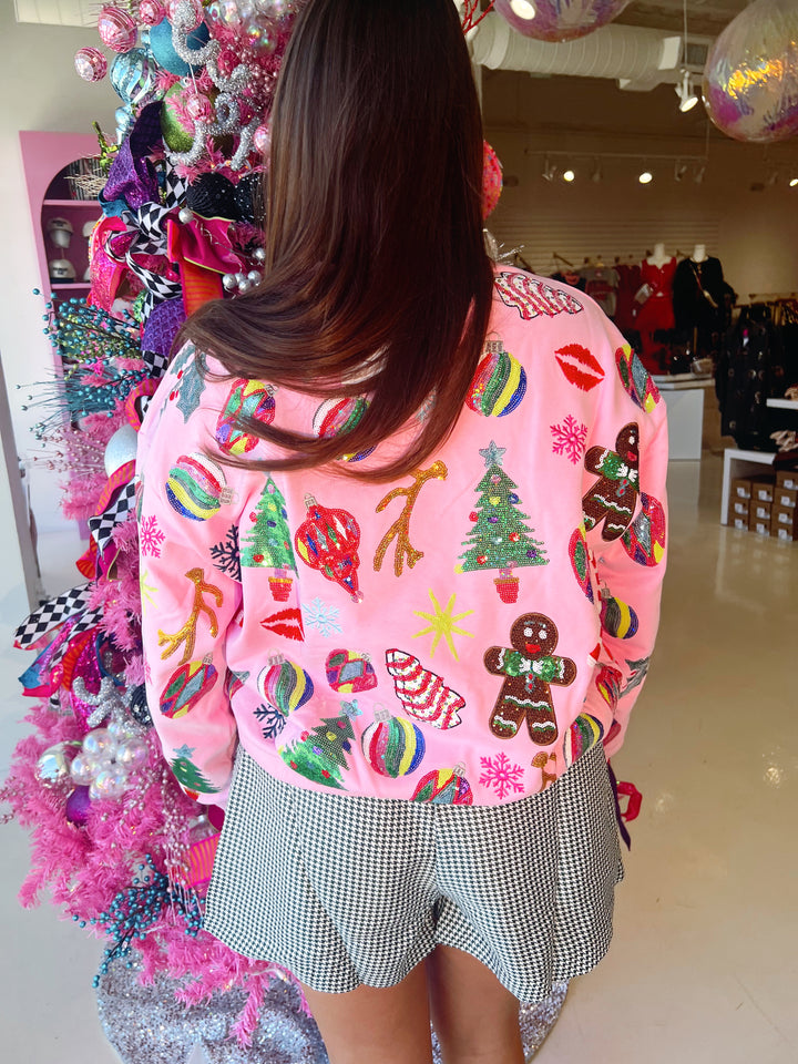 QOS Light Pink Christmas Icons Sweatshrt