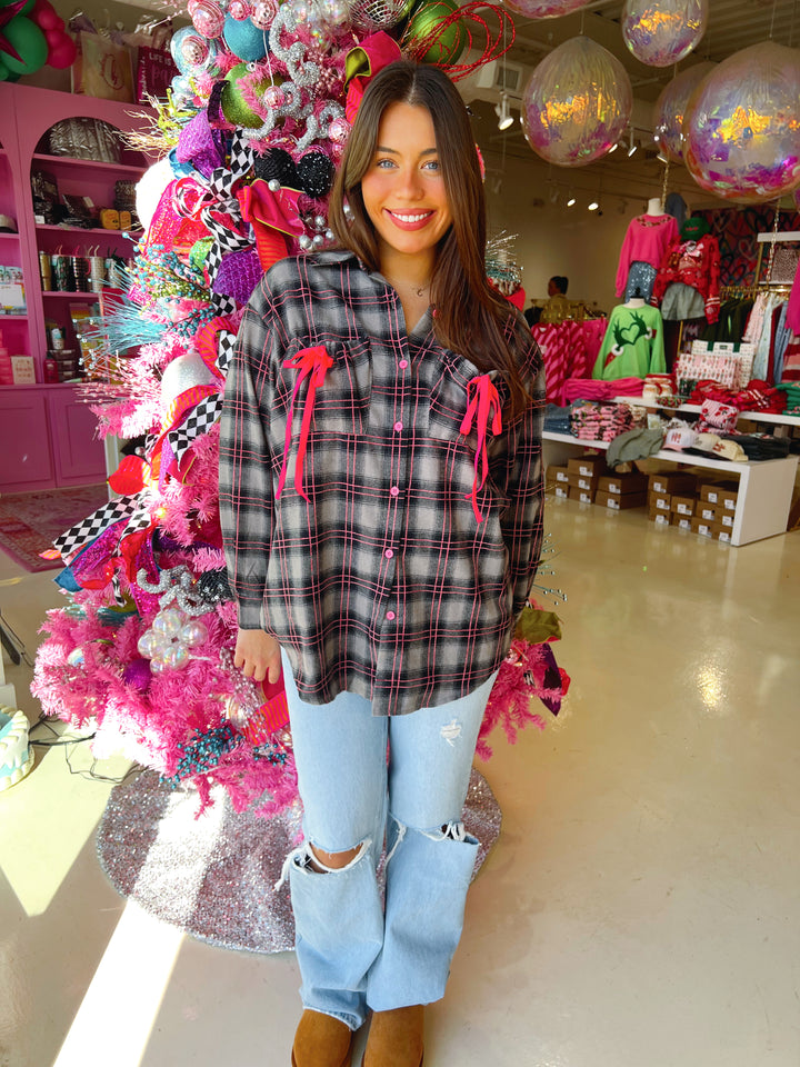 Plaid Ribbon Detail Button Down Top