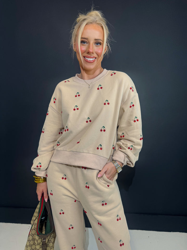 QOS Tan Jeweled Cherry Sweatpant