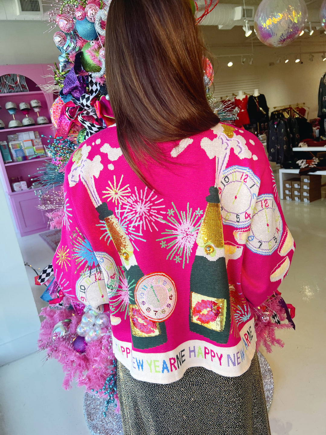QOS Hot Pink NYE Icon Button Up Cardigan