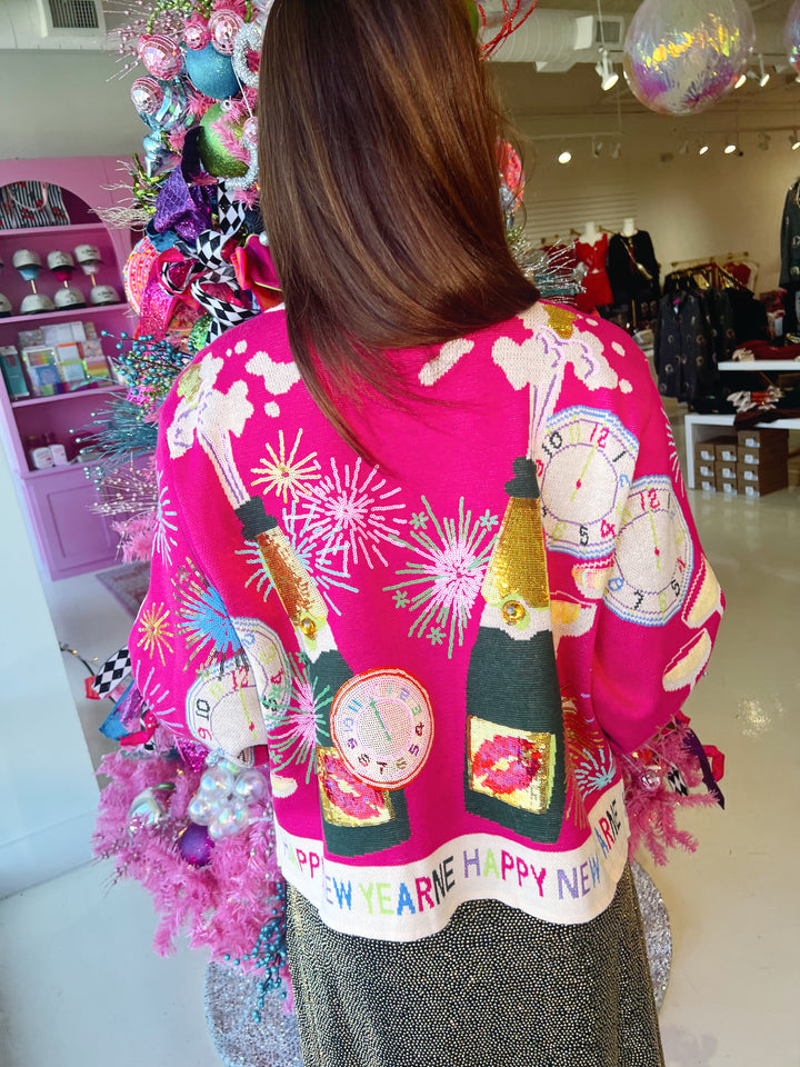 QOS Hot Pink NYE Icon Button Up Cardigan