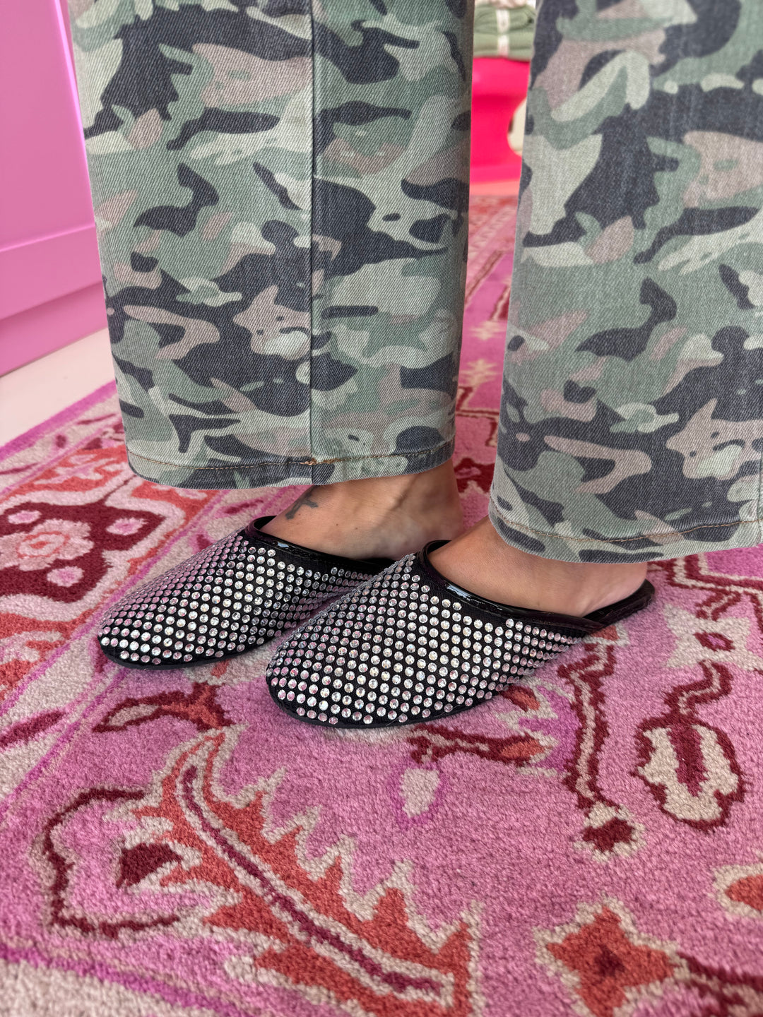 Karlie Black Rhinestone Flat Mules