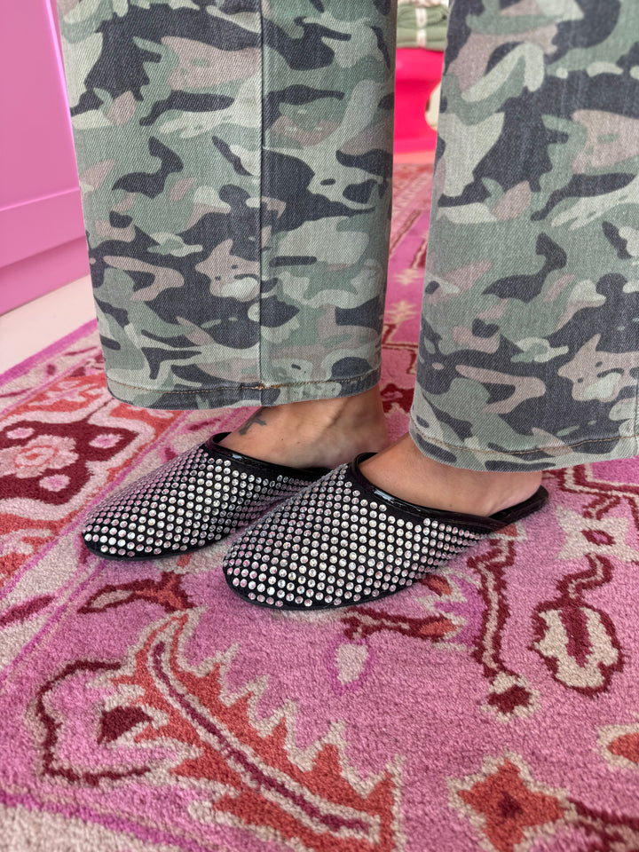 Karlie Black Rhinestone Flat Mules