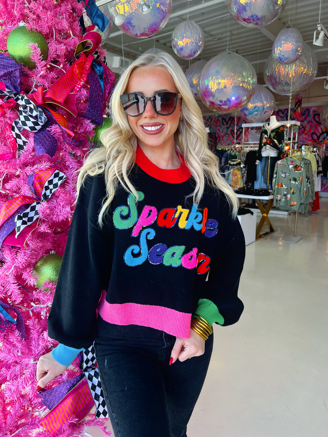 QOS Black Colorblock "Sparkle Season" Sweater