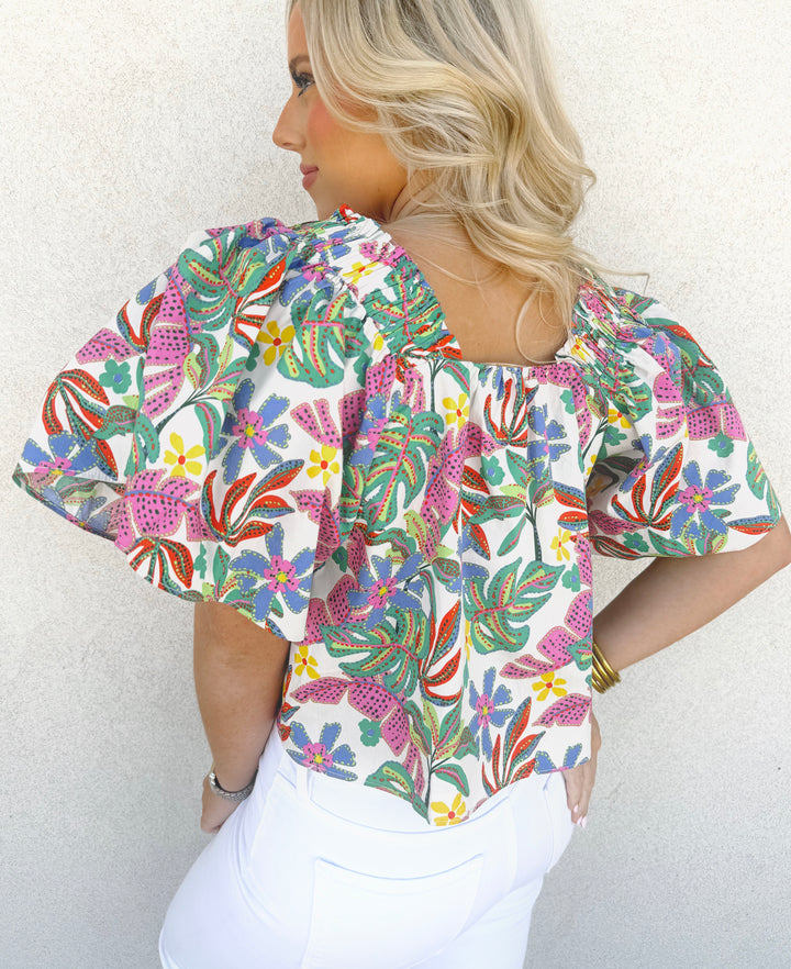 Karlie Palm Multi Square Neck Poplin Top
