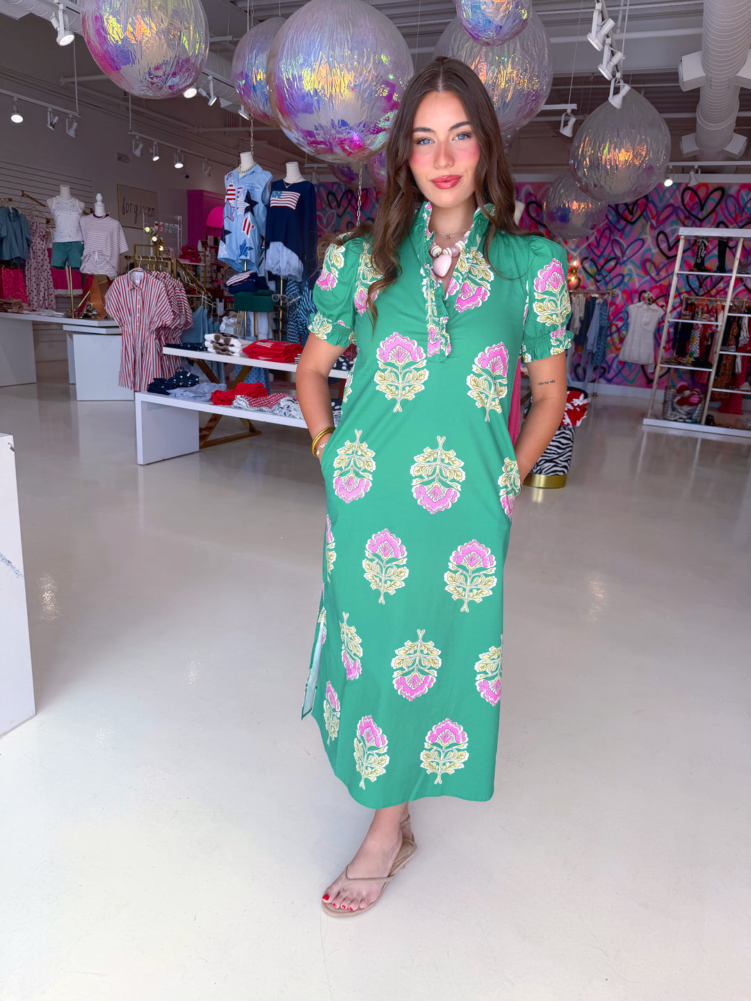 Green Floral Ruffle Collar Button Down Midi Dress