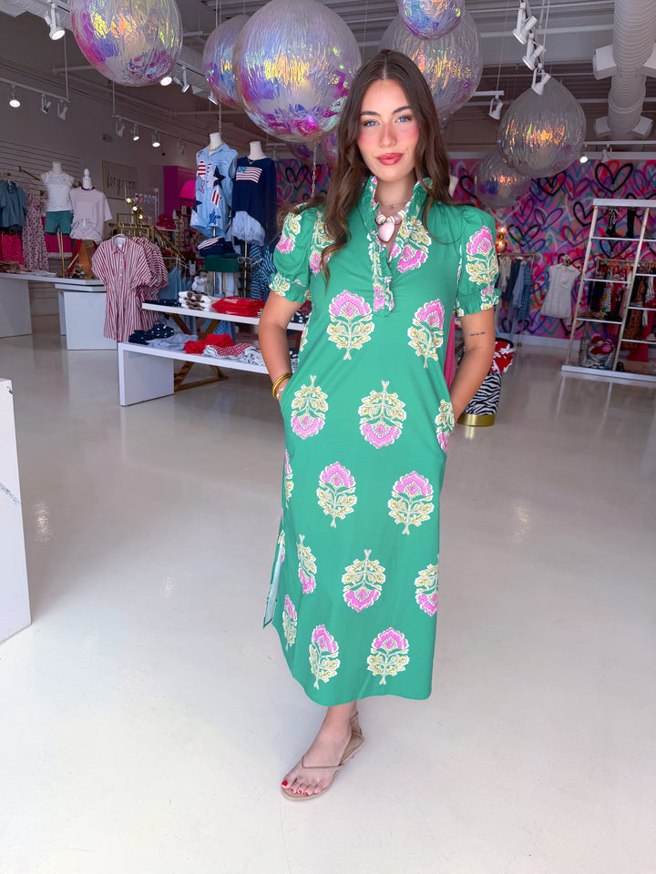 Green Floral Ruffle Collar Button Down Midi Dress