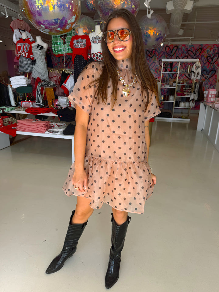 Light Brown & Black Polkadot Sheer Dress