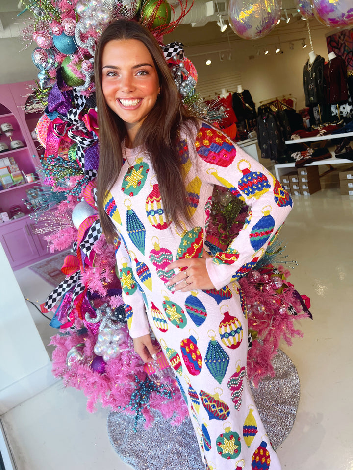 QOS Light Pink Jeweled Ornament Knit Midi Dress