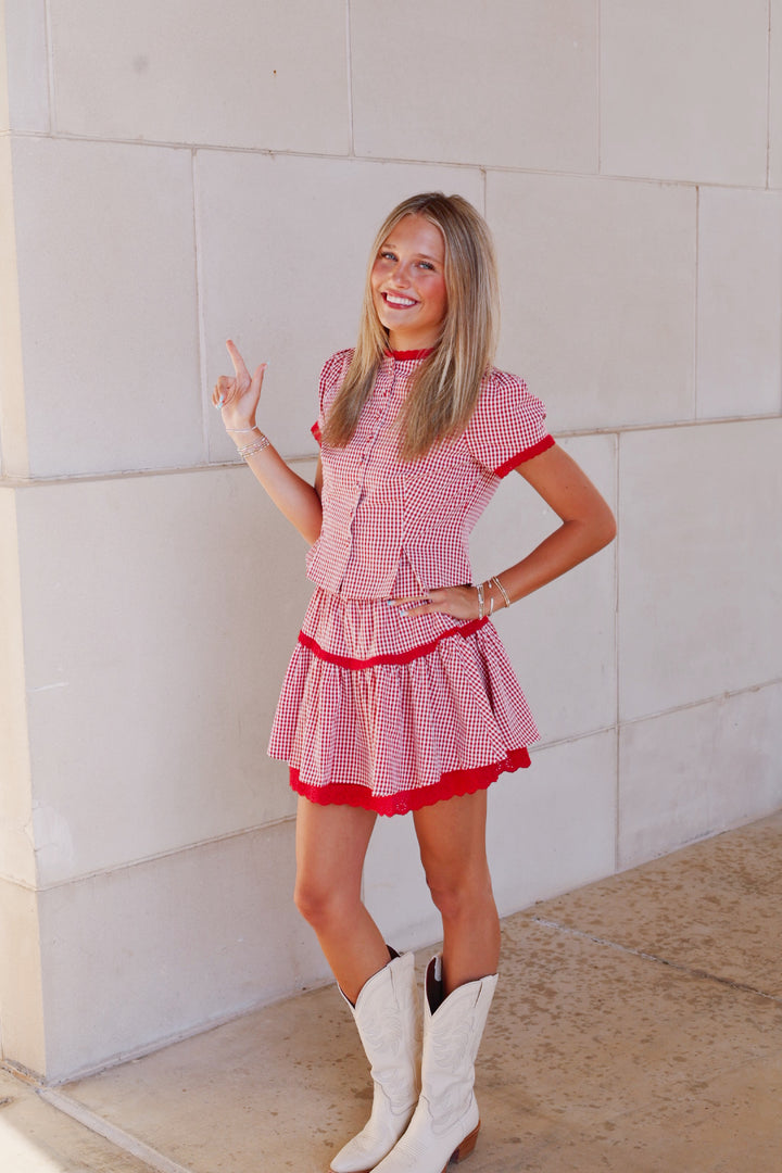 Red Gingham Plaid Lace Mini Blouse & Skirt Set