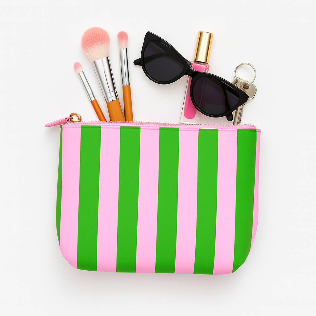 Cute pouch + cosmetic bag | leather pink & green stripe