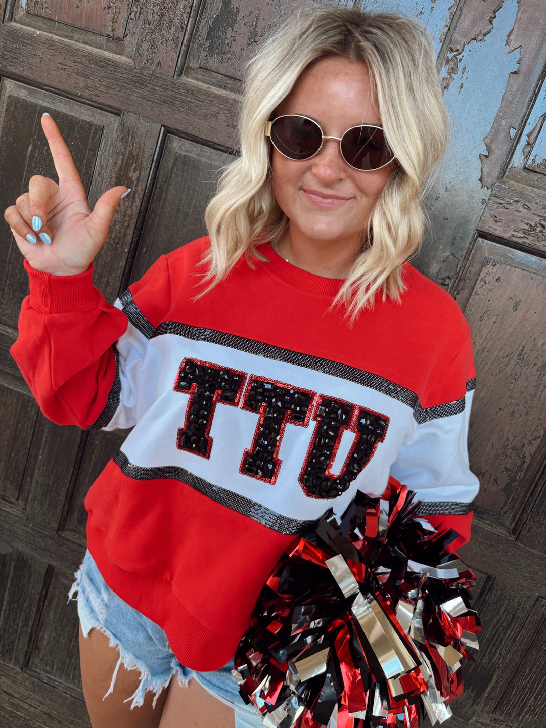 QOS TTU Colorblock Jewel Letter Sweatshirt