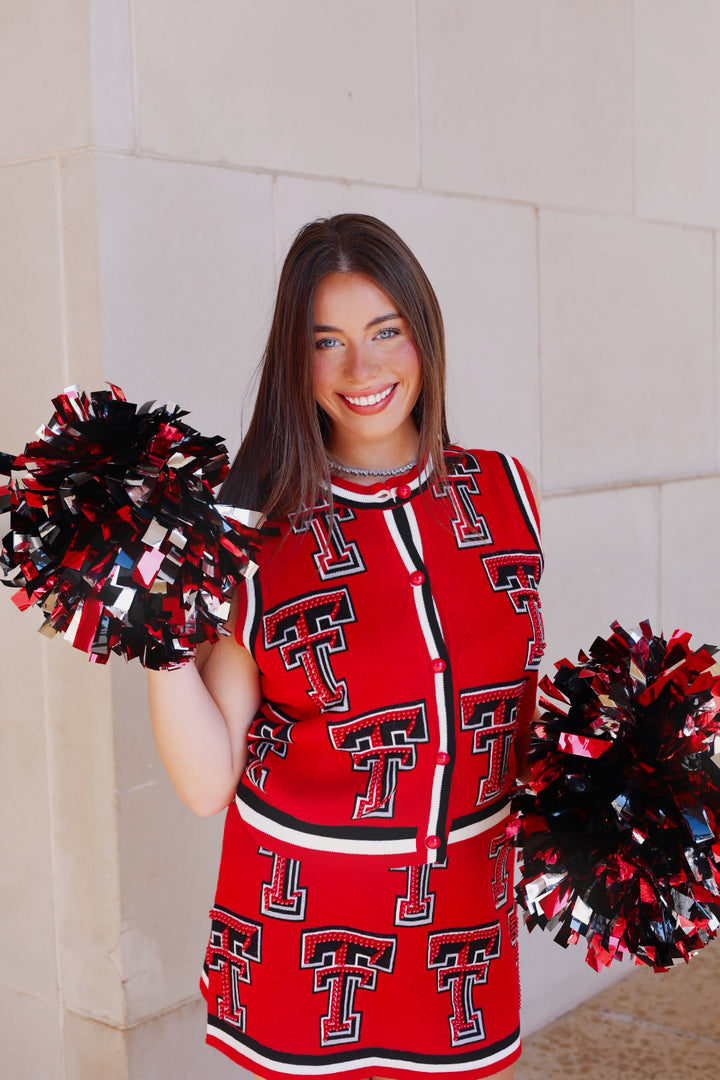QOS Texas Tech Rhinestone Button Up Knit Tank Top