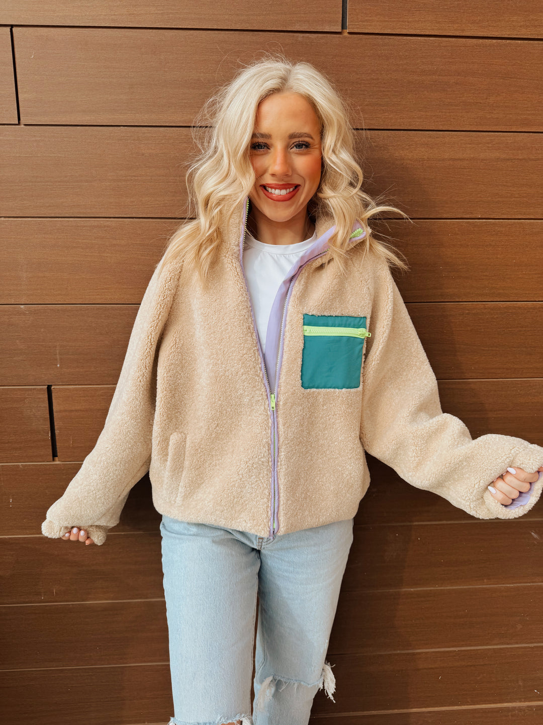 Ivory Colorblock Retro Fleece Jacket