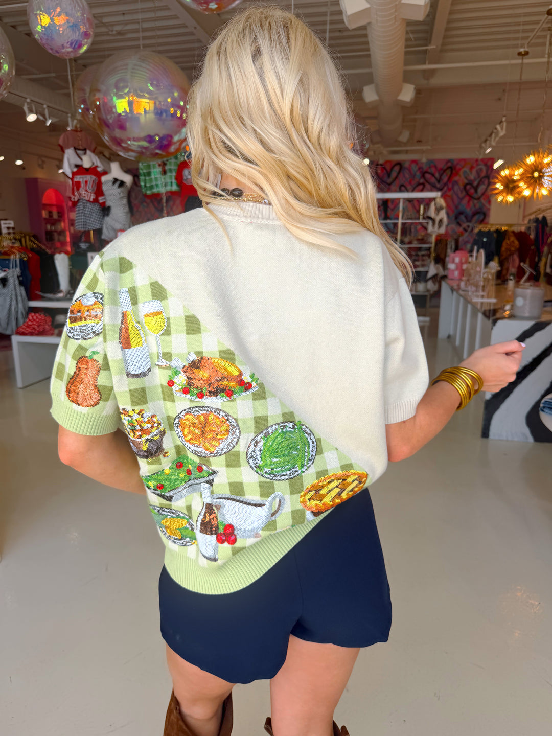 QOS Ivory & Green Gingham Colorblock Thanksgiving Top