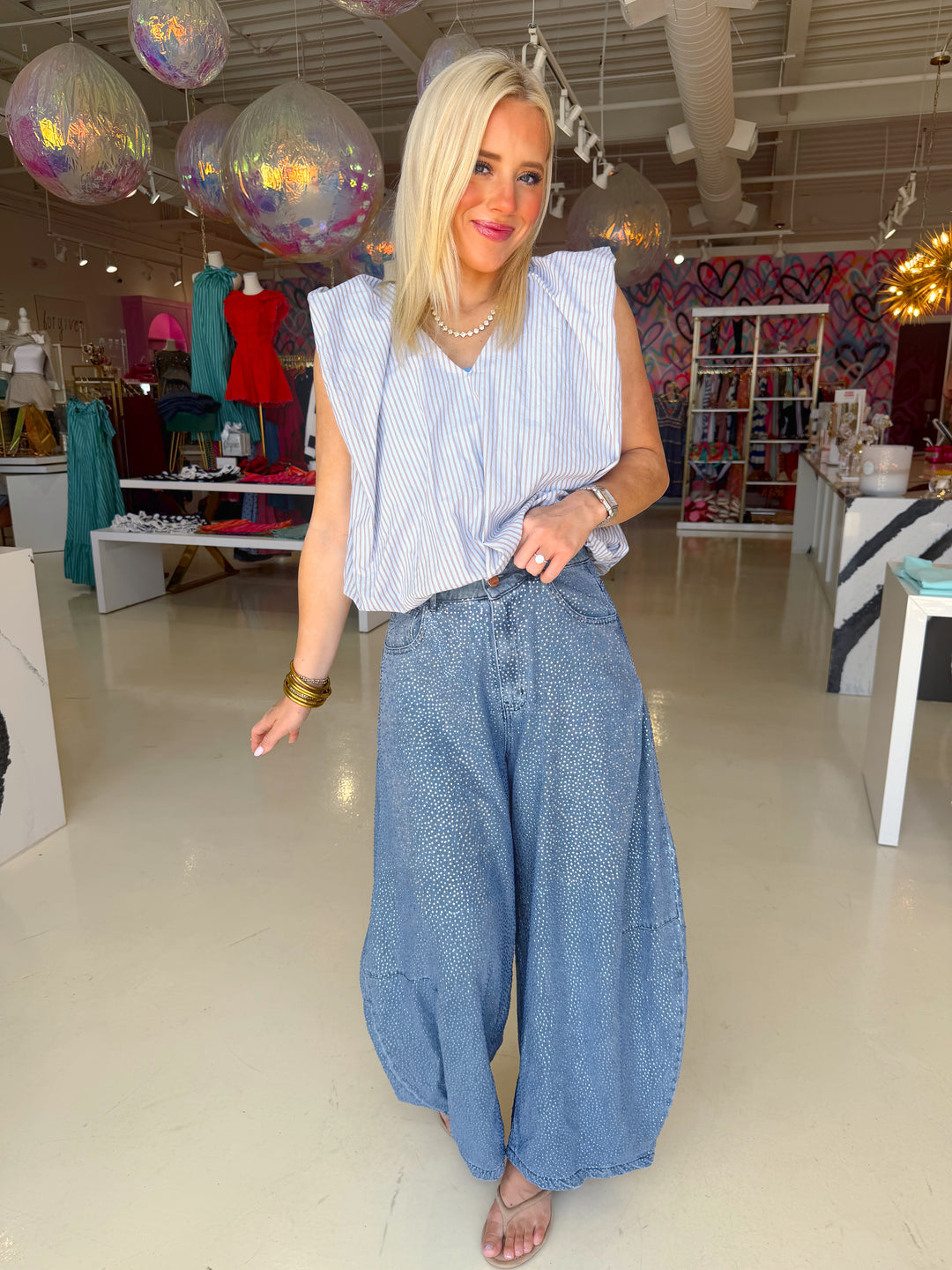 Blue & Brown Striped Poplin Bubble Top