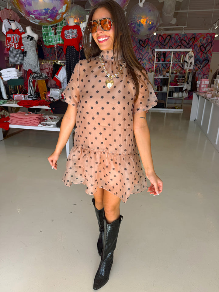 Light Brown & Black Polkadot Sheer Dress