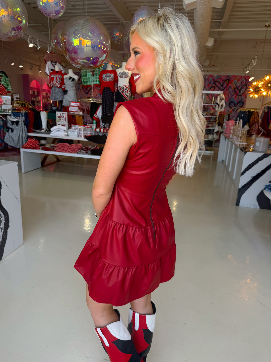 Red Leather Twist Mini Dress