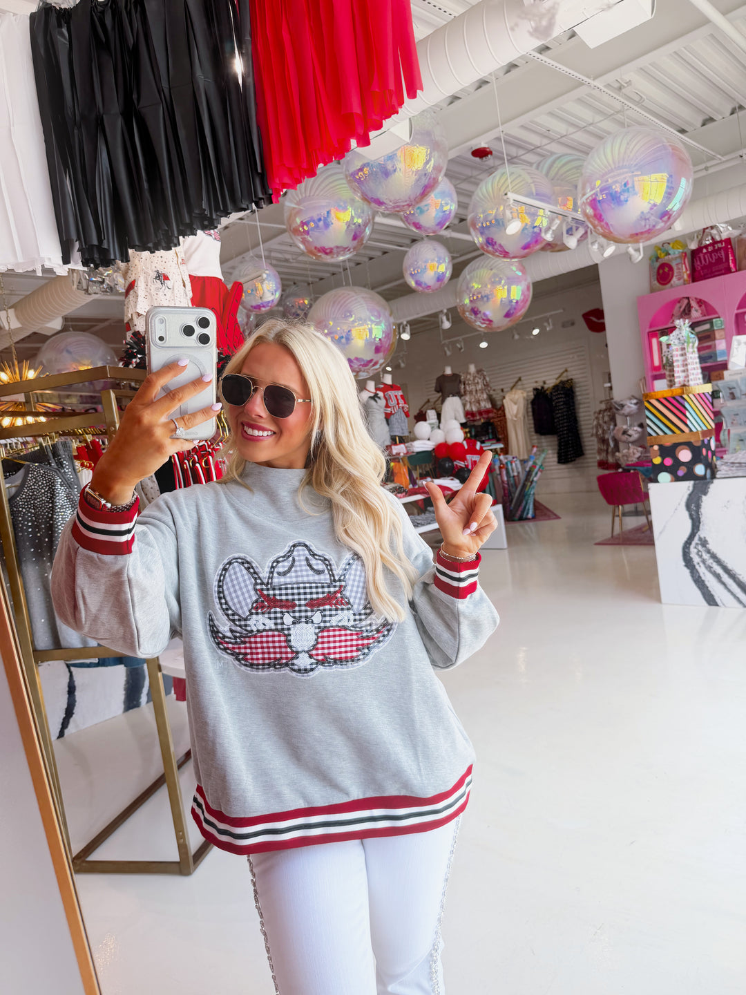 QOS Texas Tech Grey Gingham Mascot Mockneck