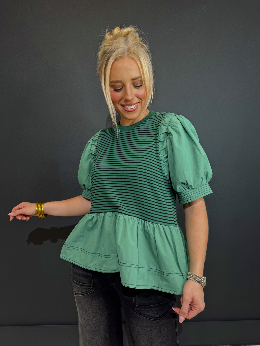Hello Fall Green Puff Top
